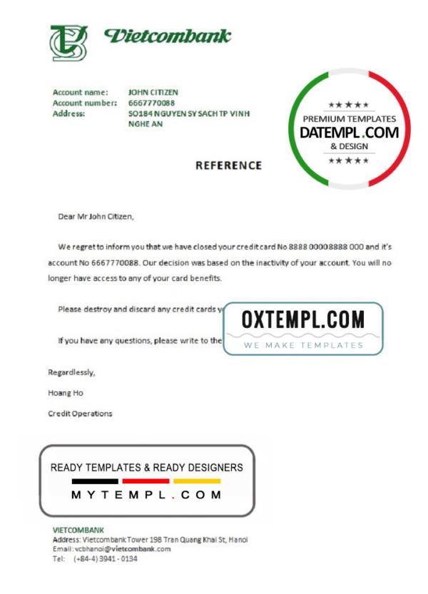 editable template, Vietnam Vietcombank bank account closure reference letter template in Word and PDF format