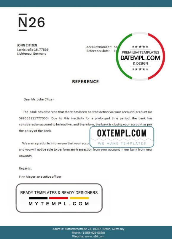 editable template, Germany N26 bank account closure reference letter template in Word and PDF format