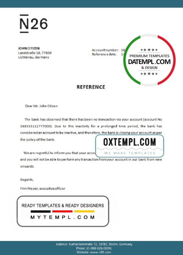 editable template, Germany N26 bank account closure reference letter template in Word and PDF format