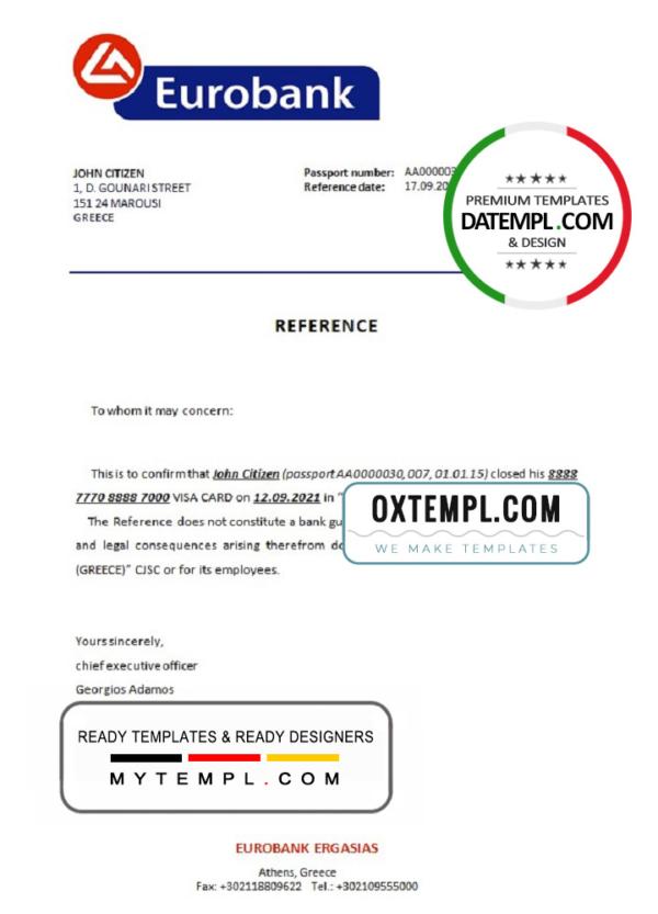 editable template, Greece Eurobank bank account closure reference letter template in Word and PDF format