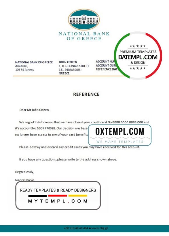 editable template, Greece National Bank of Greece bank account closure reference letter template in Word and PDF format
