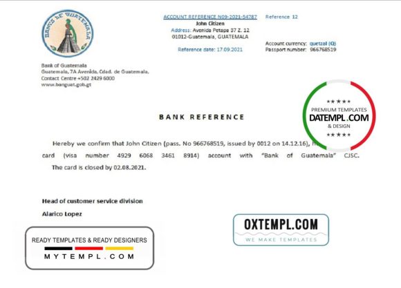 editable template, Guatemala Bank of Guatemala bank account closure reference letter template in Word and PDF format