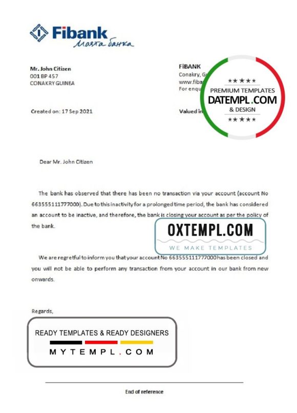 editable template, Guinea Fibank bank account closure reference letter template in Word and PDF format