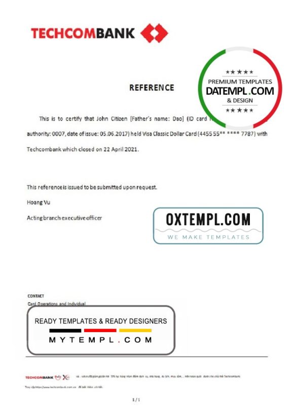 editable template, Vietnam Techcombank bank account closure reference letter template in Word and PDF format