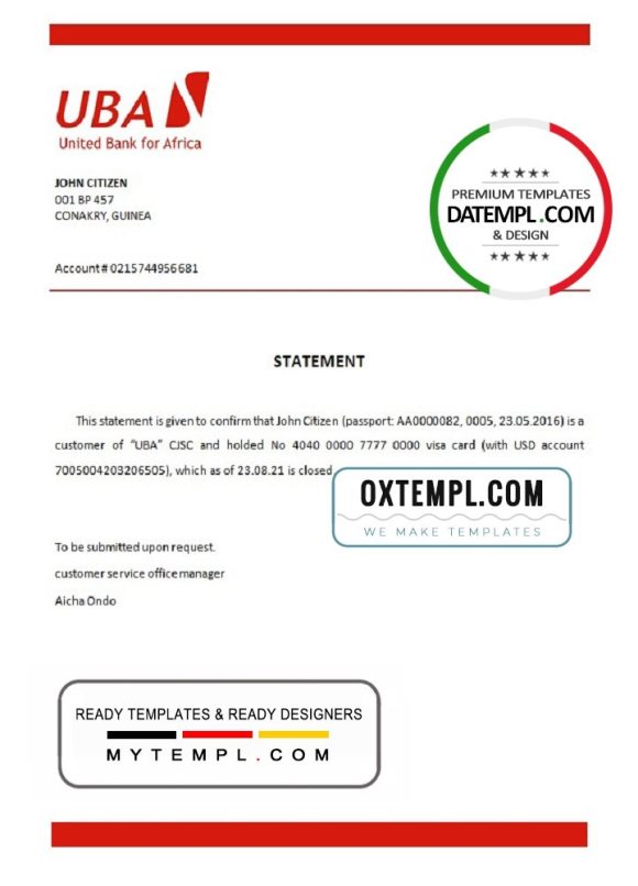 editable template, Guinea UBA bank account closure reference letter template in Word and PDF format
