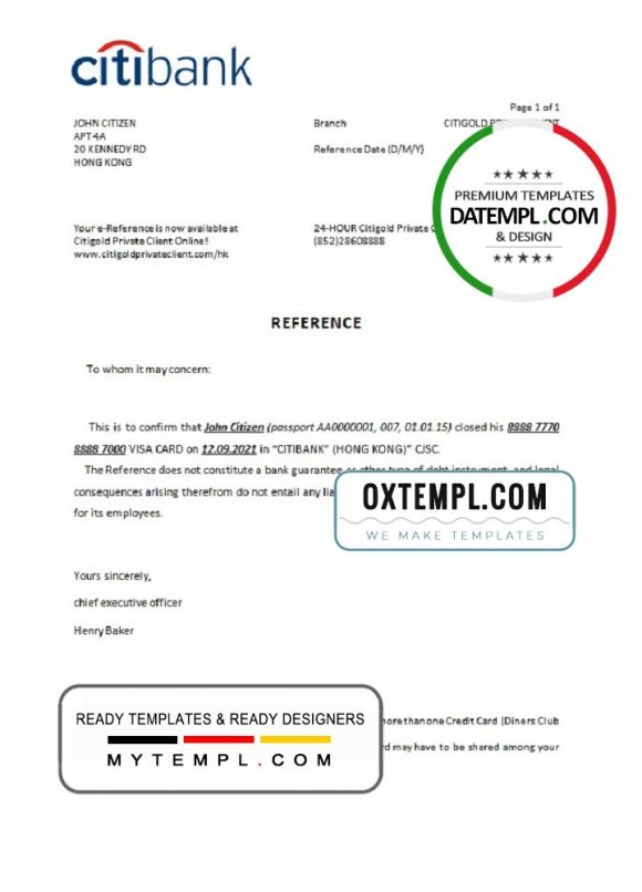 editable template, Hong Kong Citibank bank account closure reference letter template in Word and PDF format
