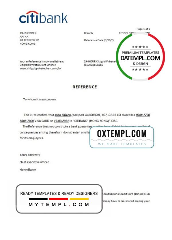 editable template, Hong Kong Citibank bank account closure reference letter template in Word and PDF format