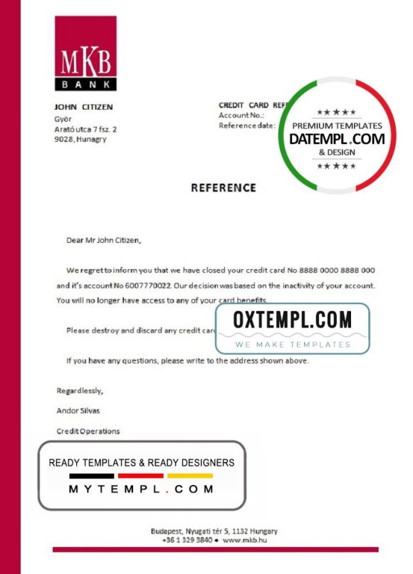 editable template, Hungary MKB bank account closure reference letter template in Word and PDF format