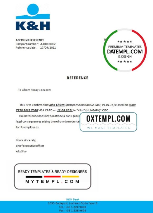 editable template, Hungary K&H bank account closure reference letter template in Word and PDF format