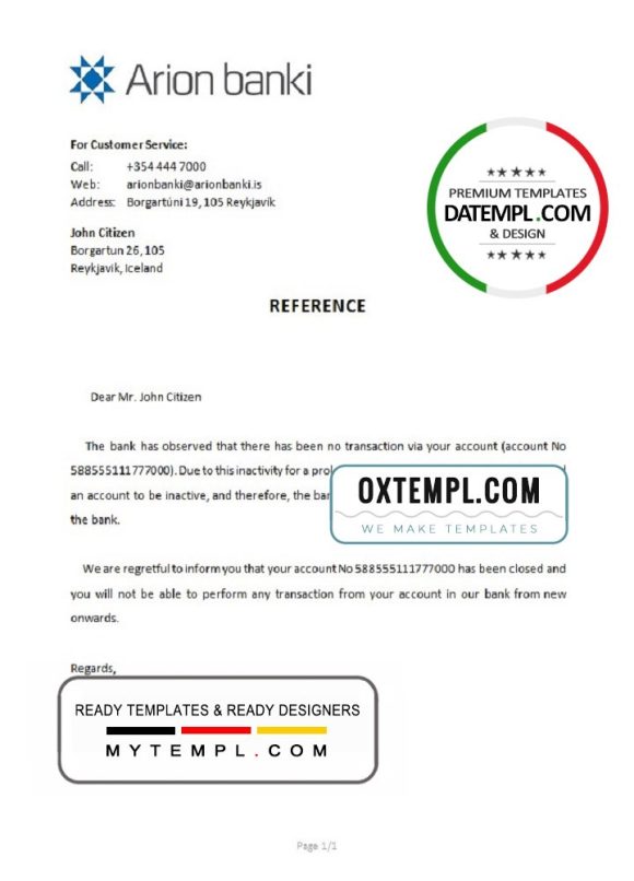 editable template, Iceland Arion bank account closure reference letter template in Word and PDF format