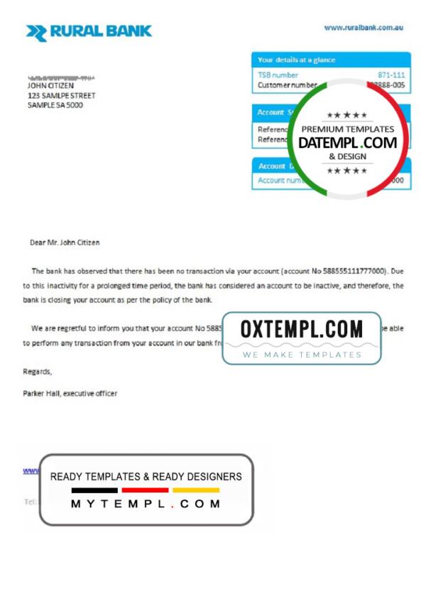 editable template, Australia Rural bank account closure reference letter template in Word and PDF format