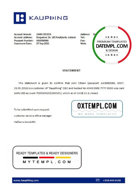 editable template, Iceland Kaupthing bank account closure reference letter template in Word and PDF format