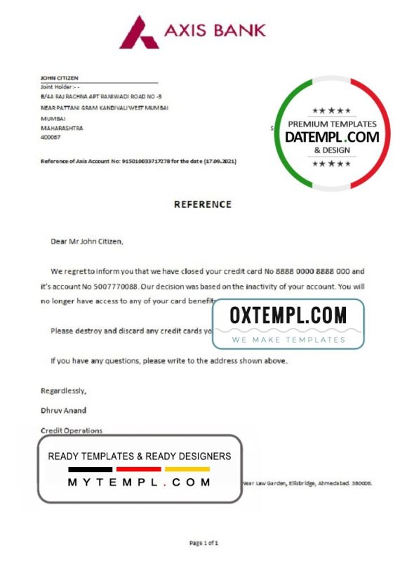 editable template, India Axis bank account closure reference letter template in Word and PDF format