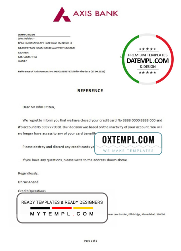 editable template, India Axis bank account closure reference letter template in Word and PDF format
