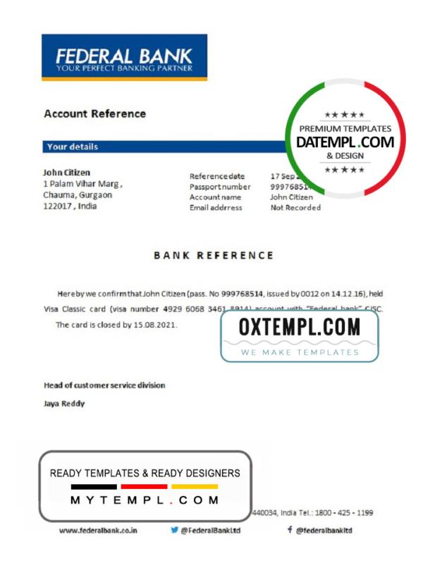 editable template, India Federal bank account closure reference letter template in Word and PDF format
