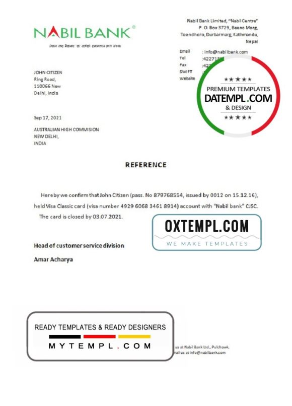 editable template, India Nabil bank account closure reference letter template in Word and PDF format