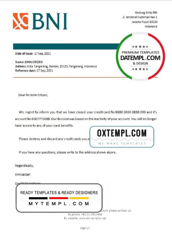editable template, Indonesia Negara bank account closure reference letter template in Word and PDF format