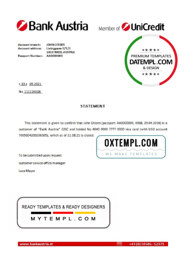editable template, Austria Bank Austria bank account closure reference letter template in Word and PDF format