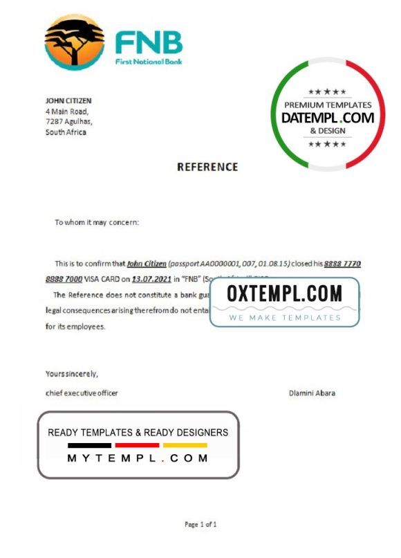 editable template, South Africa FNB bank account closure reference letter template in Word and PDF format