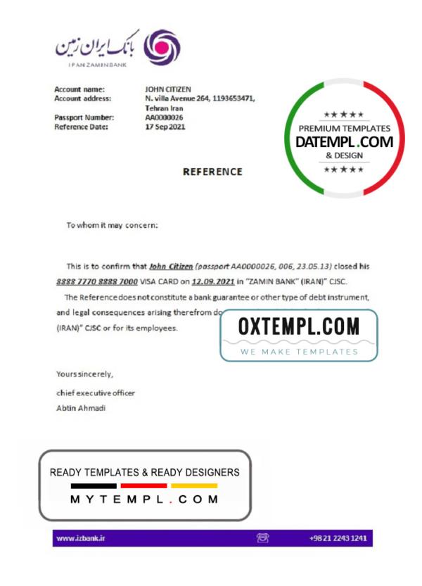editable template, Iran Zamin bank account closure reference letter template in Word and PDF format