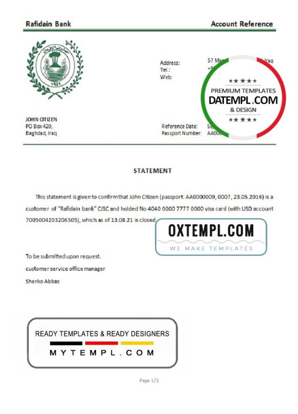 editable template, Iraq Rafidain bank account closure reference letter template in Word and PDF format