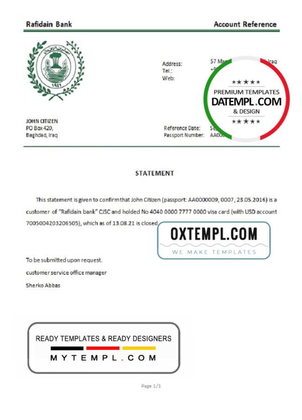 editable template, Iraq Rafidain bank account closure reference letter template in Word and PDF format