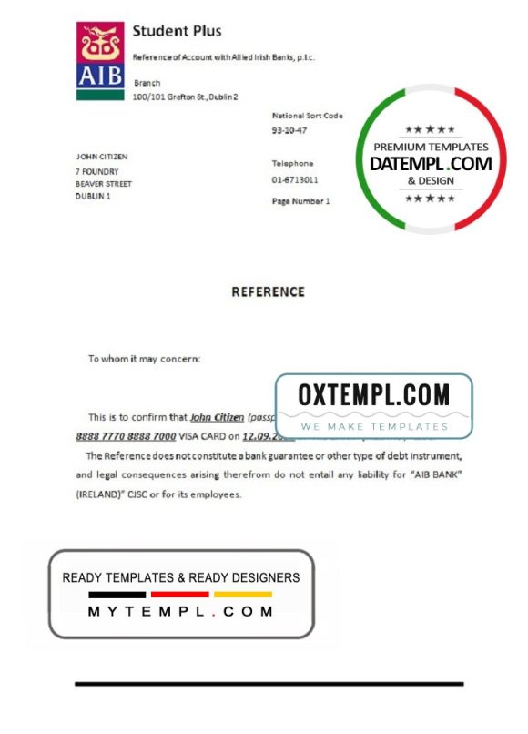 editable template, Ireland AIB bank account closure reference letter template in Word and PDF format