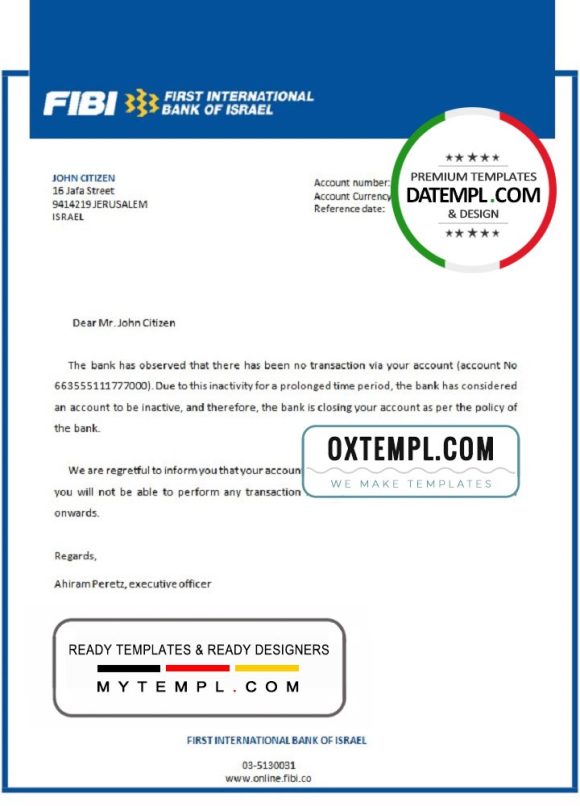 editable template, Israel First International Bank of Israel bank account closure reference letter template in Word and PDF format