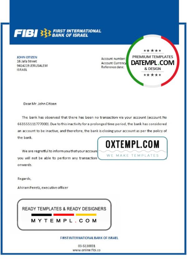 editable template, Israel First International Bank of Israel bank account closure reference letter template in Word and PDF format