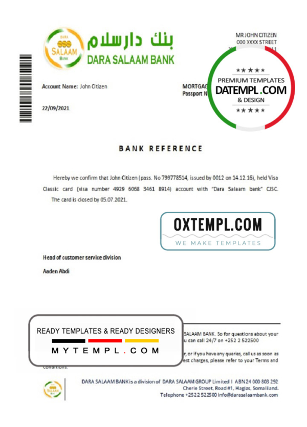 editable template, Somalia Dara Salaam Bank bank account closure reference letter template in Word and PDF format