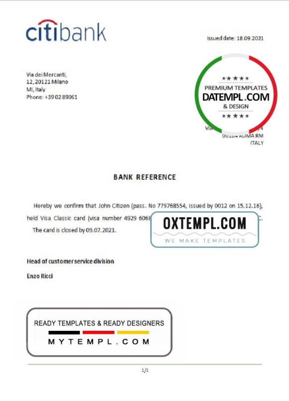 editable template, Italy Citibank bank account closure reference letter template in Word and PDF format