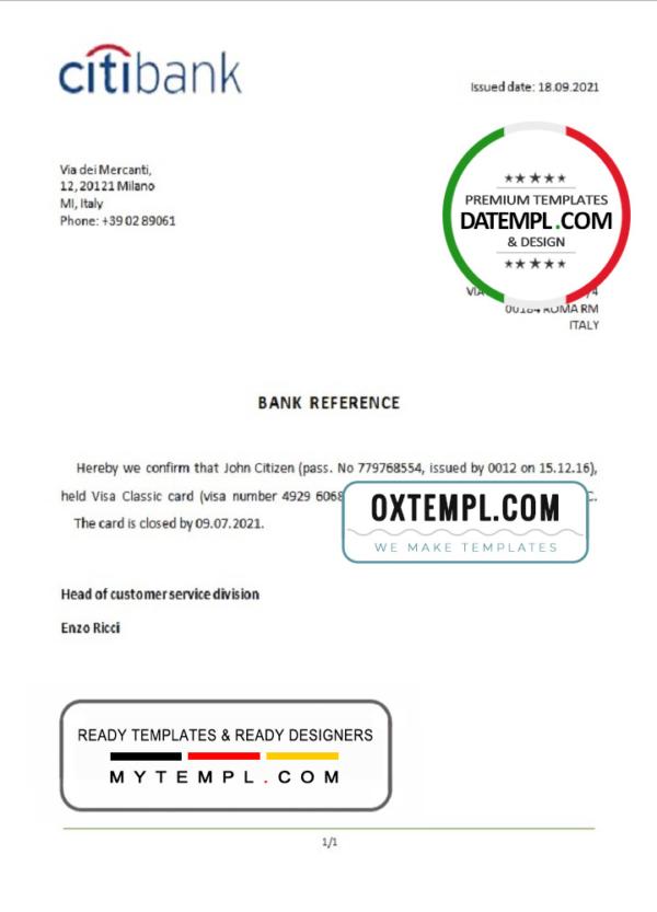editable template, Italy Citibank bank account closure reference letter template in Word and PDF format