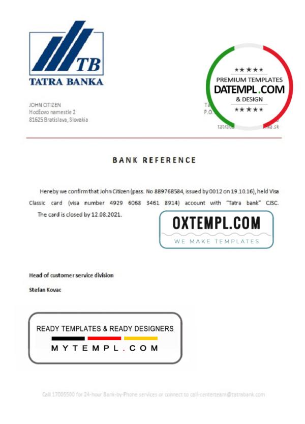 editable template, Slovakia Tatra Banka bank account closure reference letter template in Word and PDF format