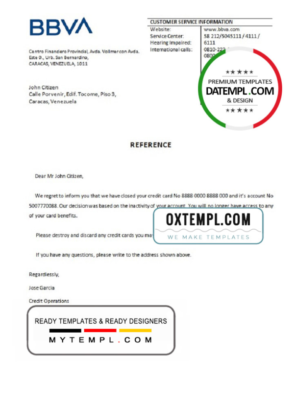 editable template, Venezuela BBVA bank account closure reference letter template in Word and PDF format