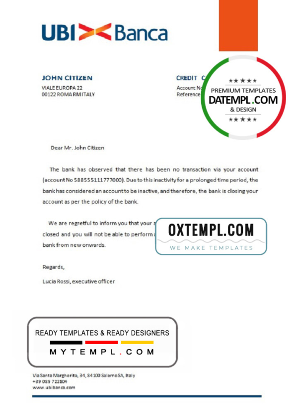 editable template, Italy UBI bank account closure reference letter template in Word and PDF format
