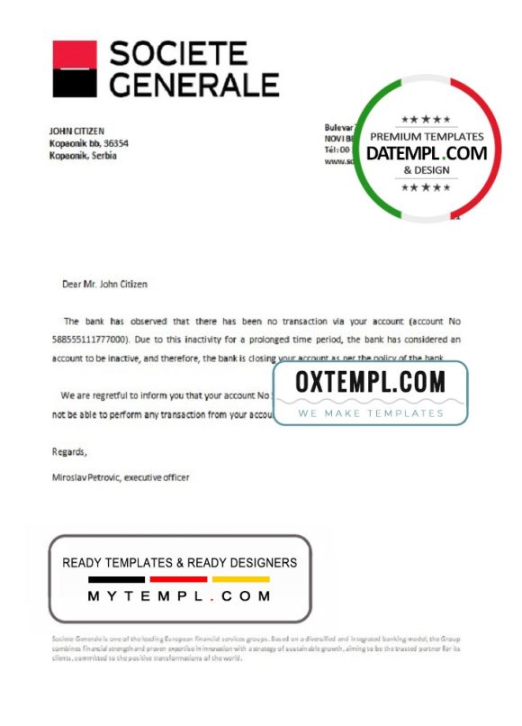 editable template, Serbia Societe Generale bank account closure reference letter template in Word and PDF format