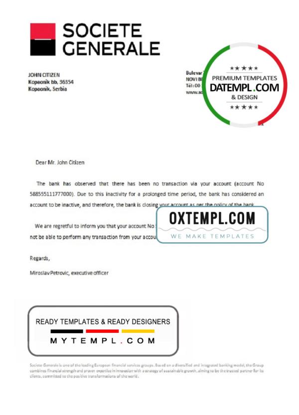 editable template, Serbia Societe Generale bank account closure reference letter template in Word and PDF format