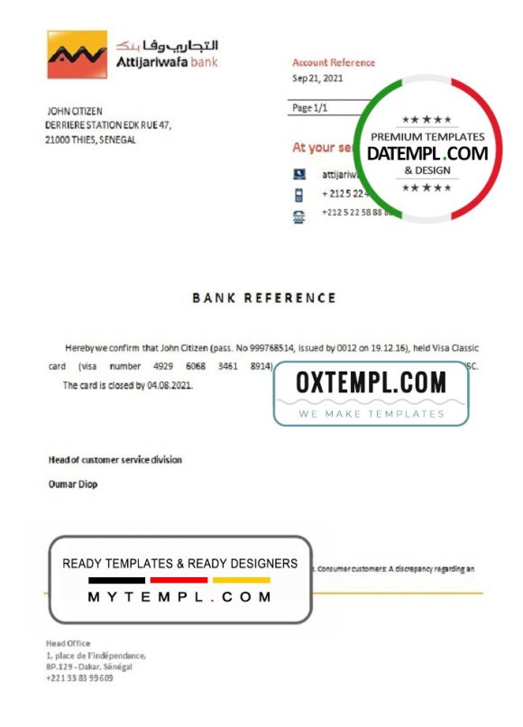editable template, Senegal Attijariwafa bank account closure reference letter template in Word and PDF format