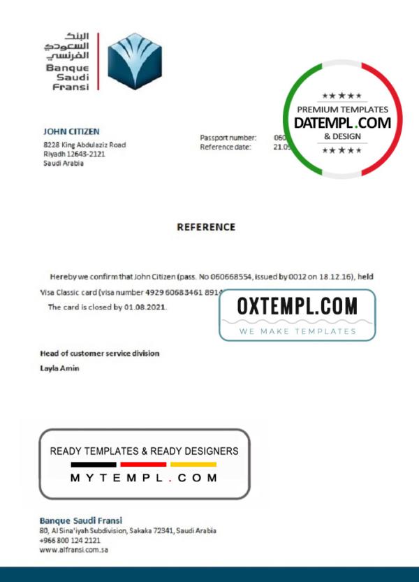 editable template, Saudi Arabia Banque Saudi Fransi bank account closure reference letter template in Word and PDF format