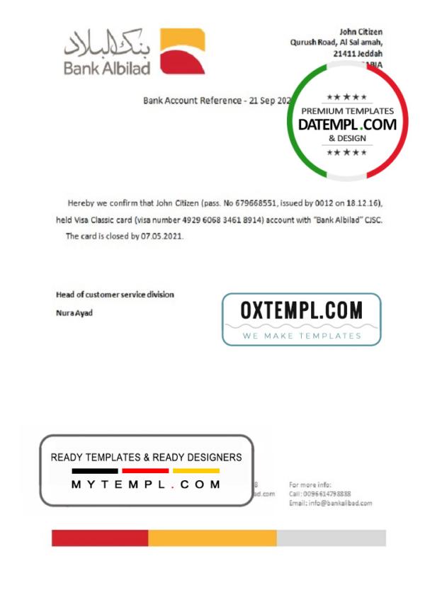 editable template, Saudi Arabia Albilad Bank bank account closure reference letter template in Word and PDF format
