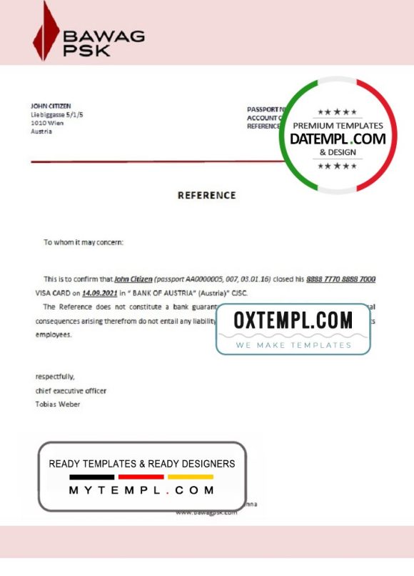 editable template, Austria BAWAG PSK bank account closure reference letter template in Word and PDF format