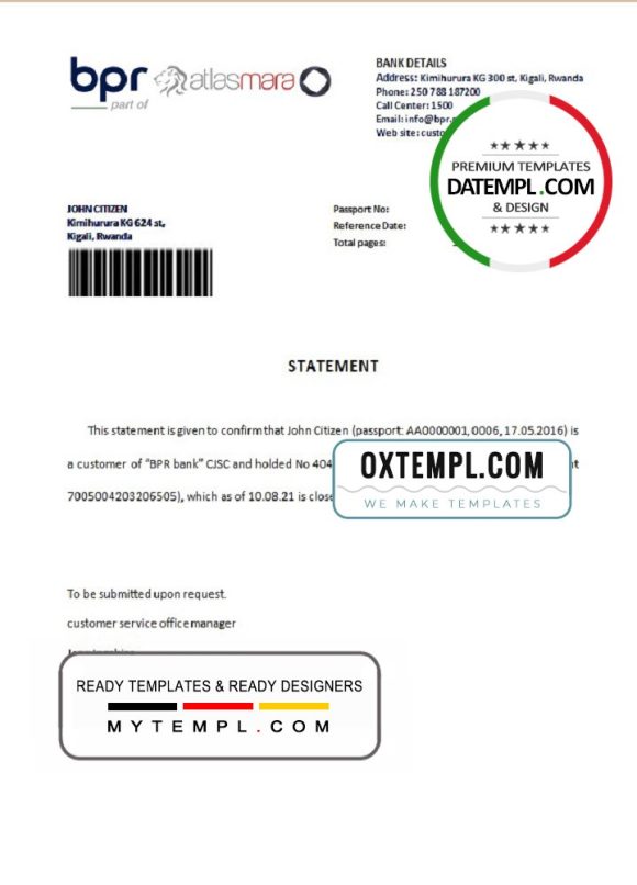 editable template, Rwanda BPR Atlasmara bank account closure reference letter template in Word and PDF format