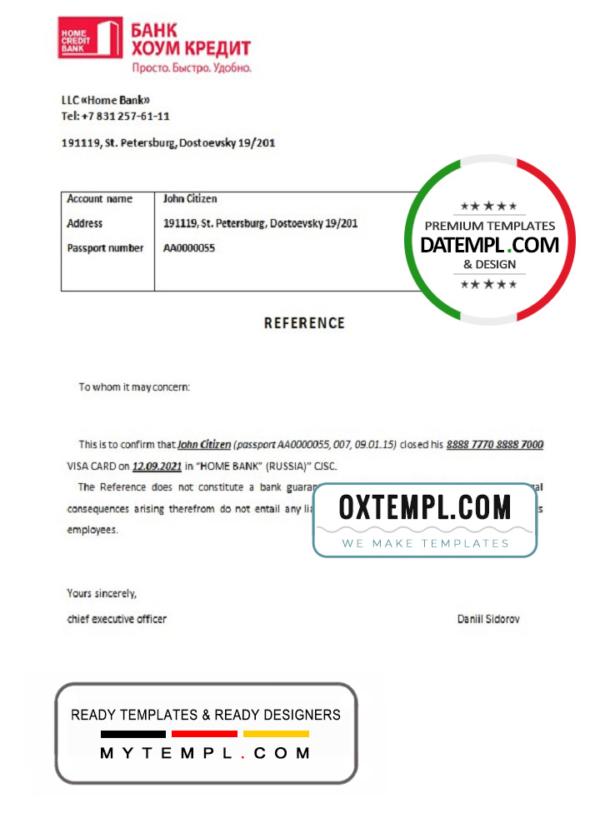 editable template, Russia Bank Home Credit bank account closure reference letter template in Word and PDF format