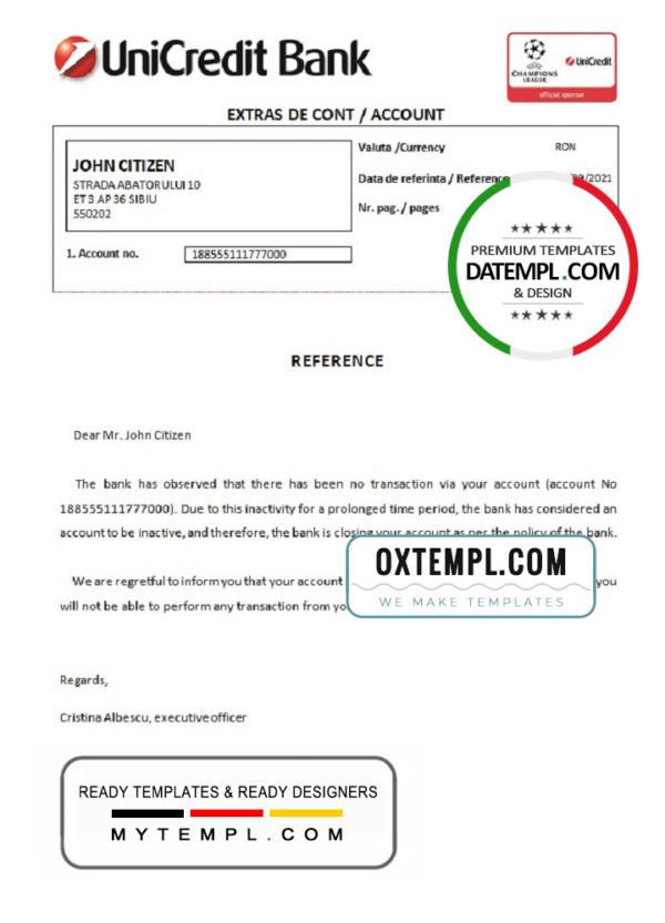 editable template, Romania UniCredit Bank bank account closure reference letter template in Word and PDF format