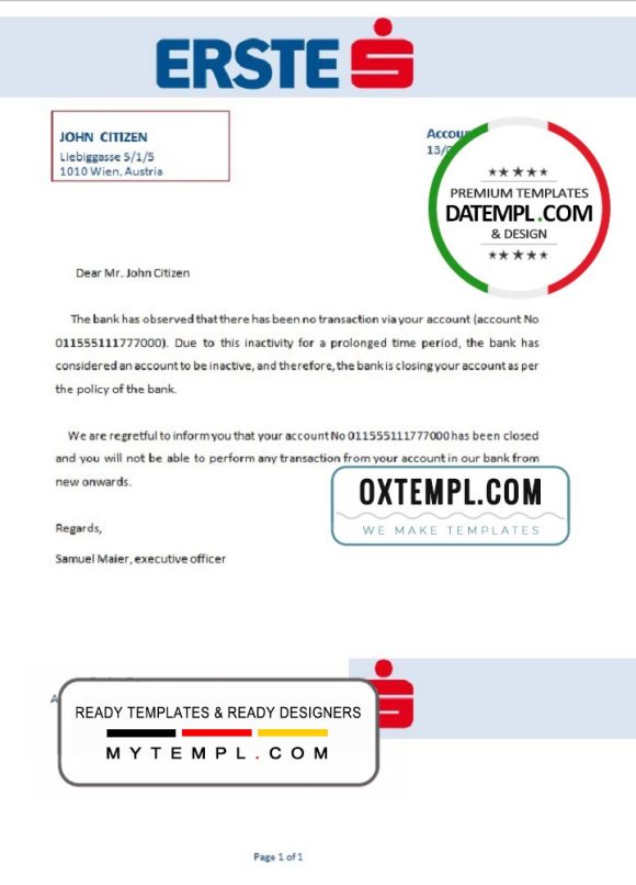 editable template, Austria Erste bank account closure reference letter template in Word and PDF format