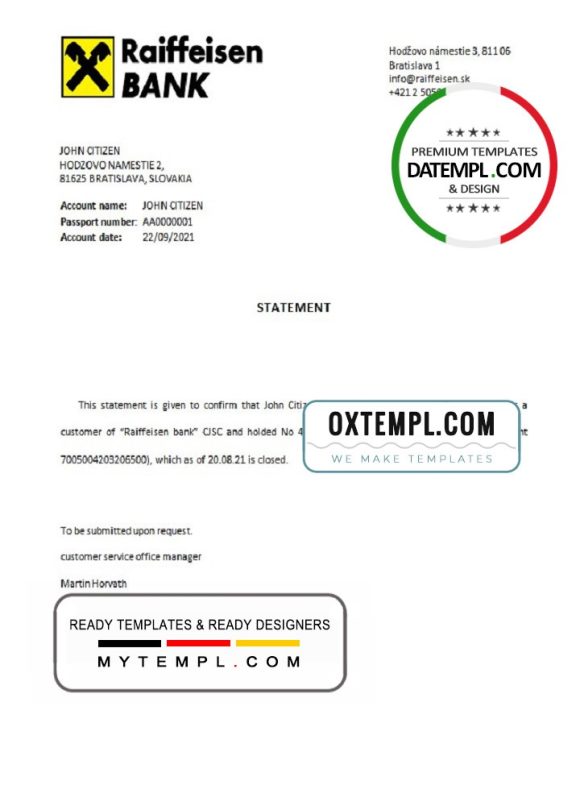 editable template, Slovakia Raiffeisen bank account closure reference letter template in Word and PDF format