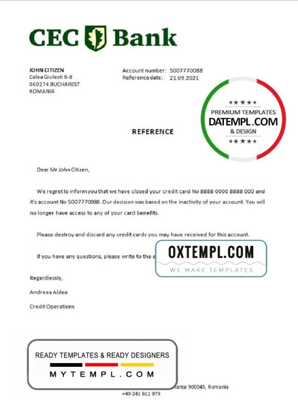 editable template, Romania CEC Bank bank account closure reference letter template in Word and PDF format