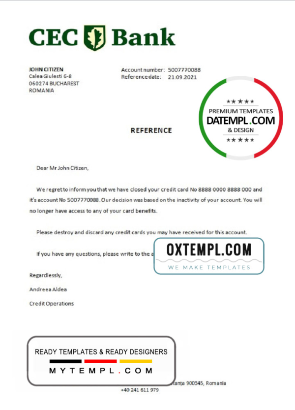 editable template, Romania CEC Bank bank account closure reference letter template in Word and PDF format