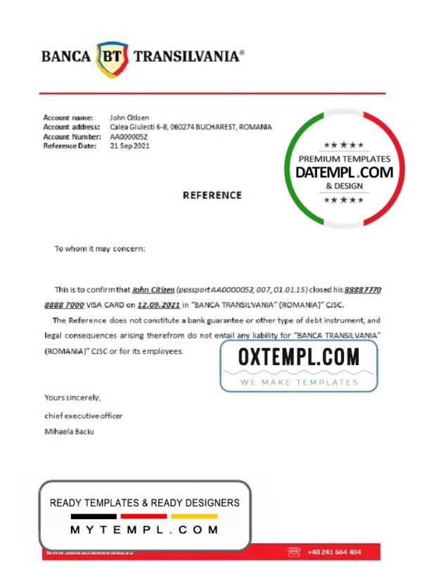 editable template, Romania Banca Transilvania bank account closure reference letter template in Word and PDF format