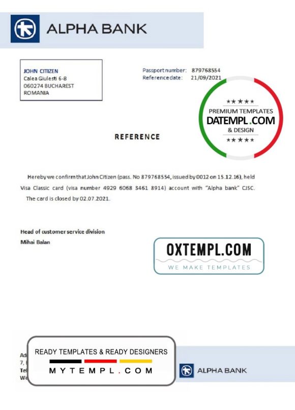 editable template, Romania Alpha Bank bank account closure reference letter template in Word and PDF format
